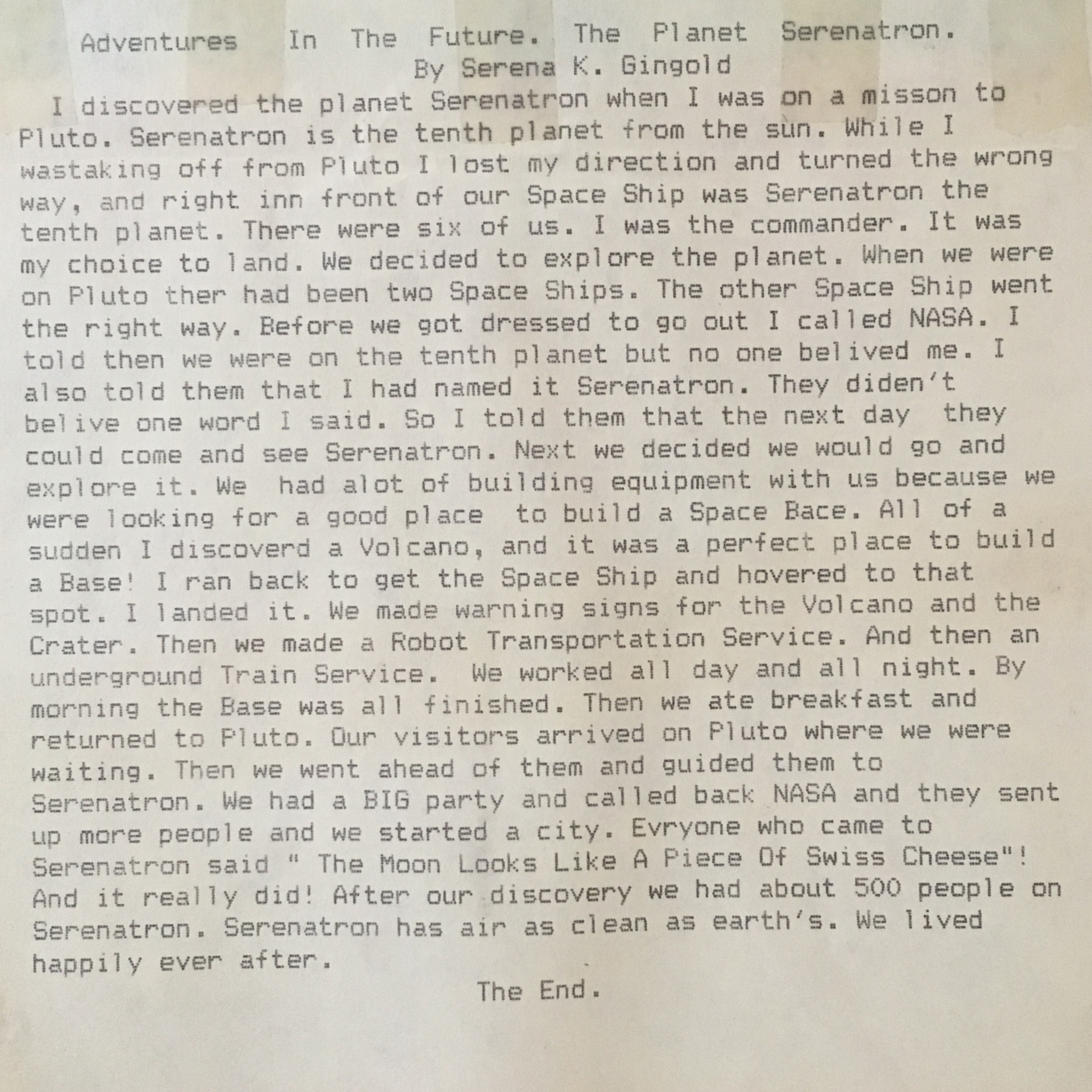 Original text of Adventures in the Future. The Planet Serenatron by Serena K. Gingold, 1986